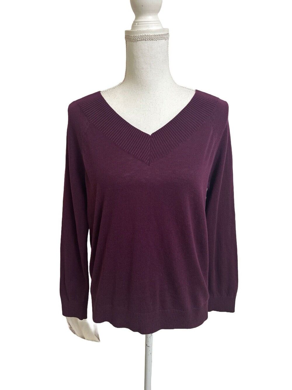 NWT J. Jill Women's XS Petite Sweater V-neck Ribbed Border Cassis Burgundy NEW